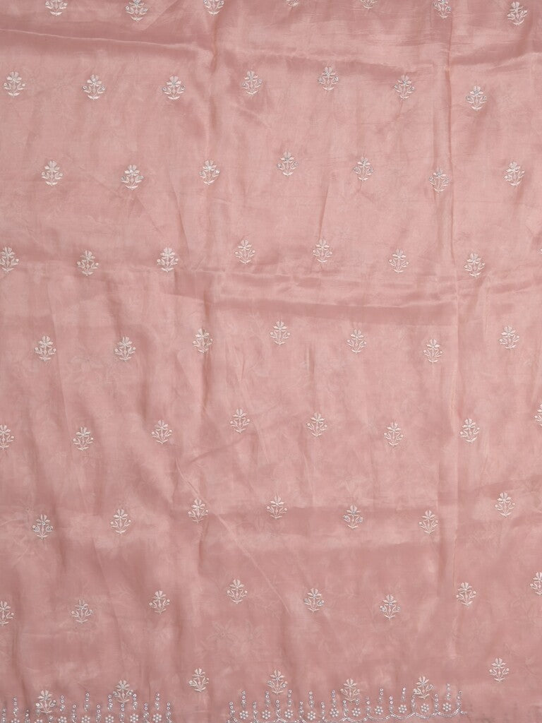 Organza crush fancy saree baby pink color allover embroidery & fancy border with running pallu and attached blouse