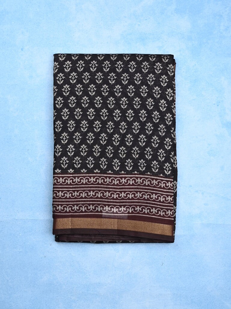 Maheshwari fancy saree black color allover prints & printed zari border with contrast pallu and attached blouse