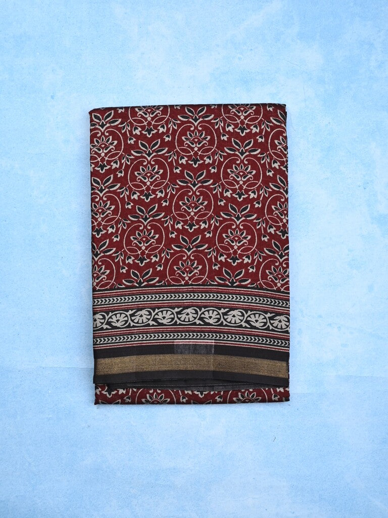 Maheshwari fancy saree red color allover prints & printed zari border with contrast pallu and attached blouse