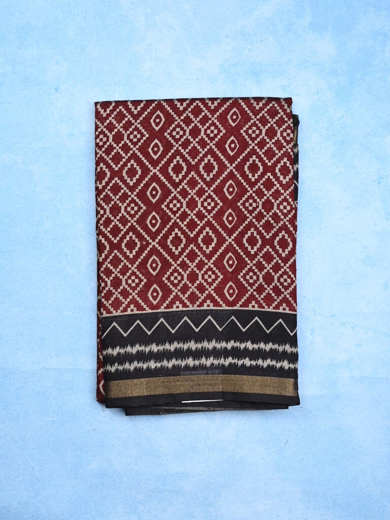 Maheshwari fancy saree red color allover prints & printed zari border with contrast pallu and attached blouse