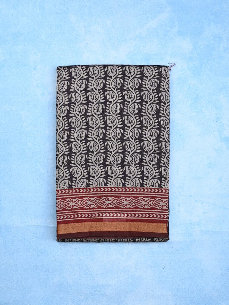 Maheshwari fancy saree black color allover prints & printed zari border with contrast pallu and attached blouse