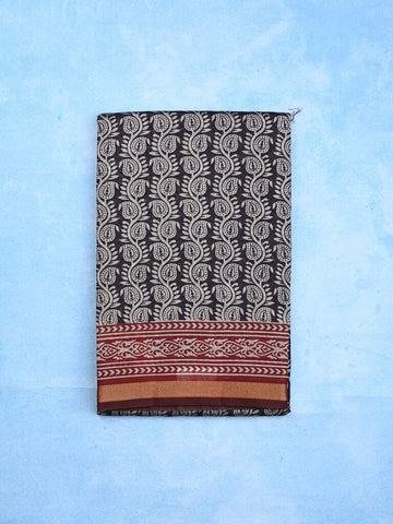 Maheshwari fancy saree black color allover prints & printed zari border with contrast pallu and attached blouse