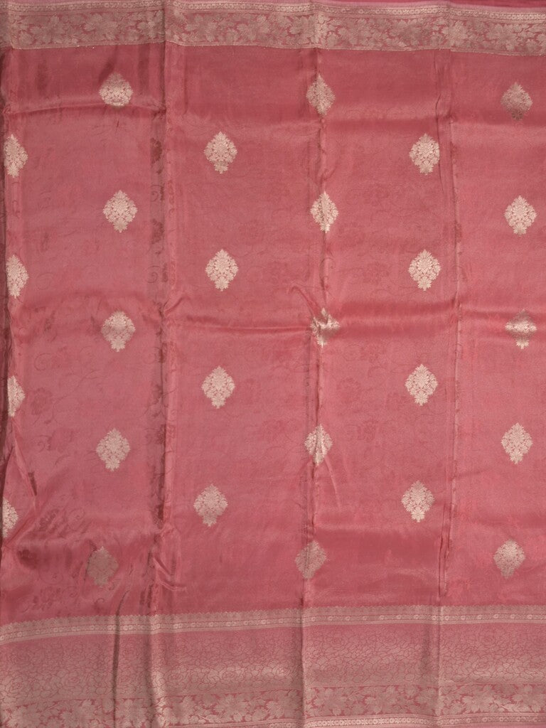 Dola tissue fancy saree coral pink color allover zari motifs & zari border with rich pallu and plain self blouse