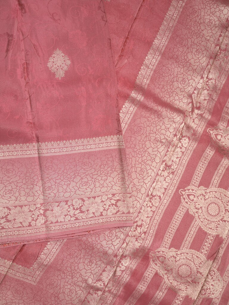 Dola tissue fancy saree coral pink color allover zari motifs & zari border with rich pallu and plain self blouse