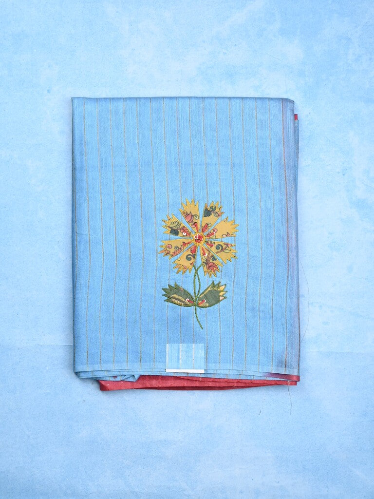 Bhagalpur fancy saree sky blue color allover stripes with contrast pallu and attached blouse