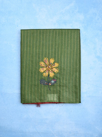 Bhagalpur fancy saree olive green color allover stripes with contrast pallu and attached blouse