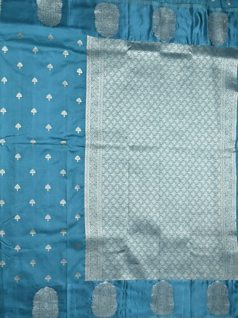 Banaras fancy saree sky blue color allover zari motifs & zari border with rich pallu and self blouse