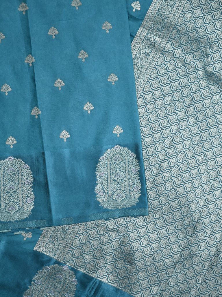 Banaras fancy saree sky blue color allover zari motifs & zari border with rich pallu and self blouse