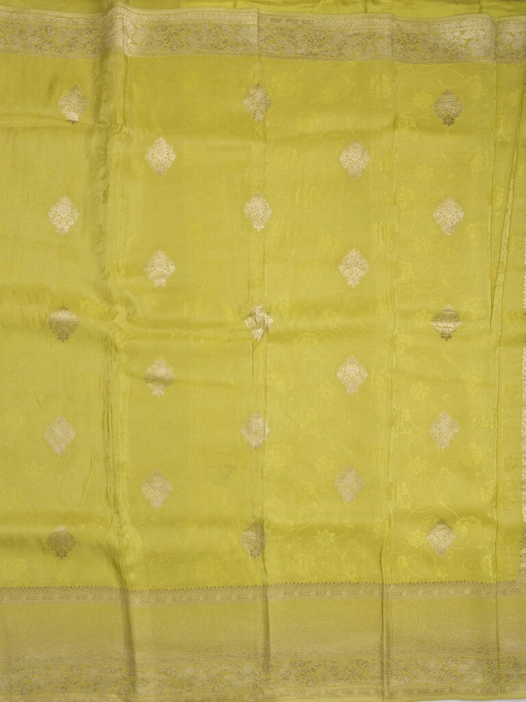 Dola tissue fancy saree lemon yellow color allover zari motifs & zari border with rich pallu and plain self blouse