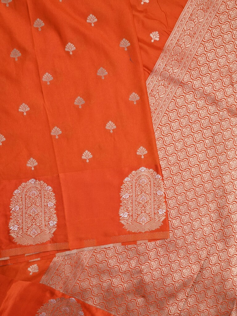 Banaras fancy saree orange color allover zari motifs & zari border with rich pallu and self blouse