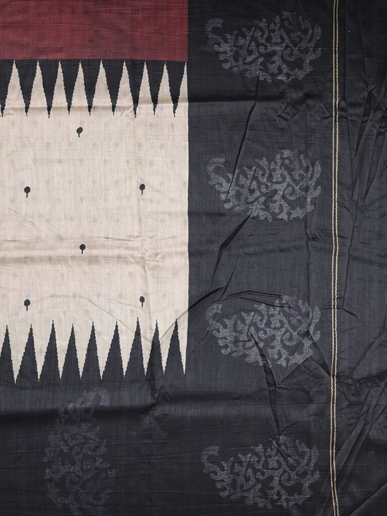 Jute tussar fancy saree in black and white color allover prints with printed pallu and attached blouse