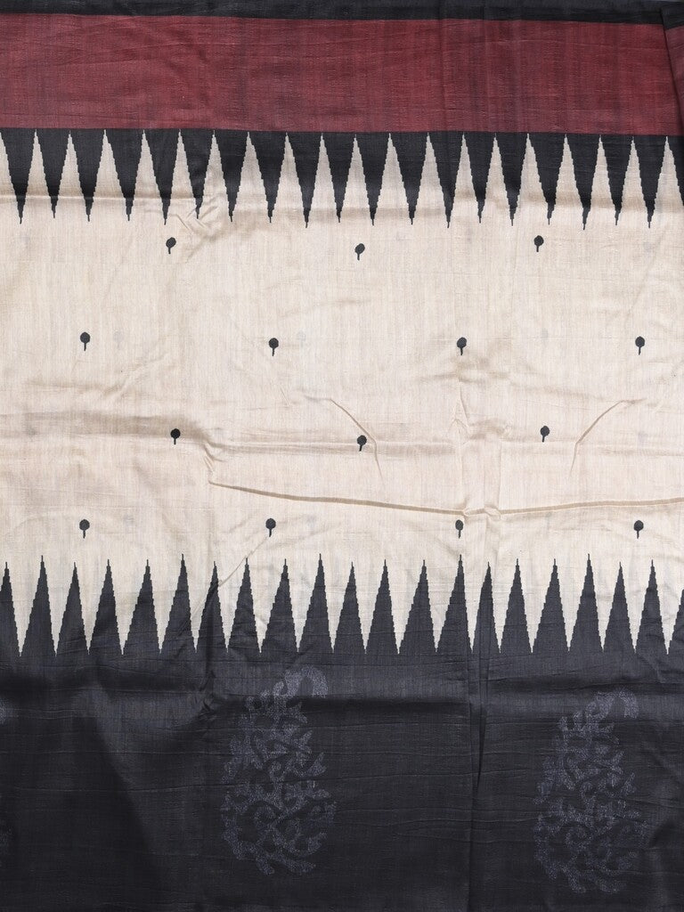 Jute tussar fancy saree in black and white color allover prints with printed pallu and attached blouse