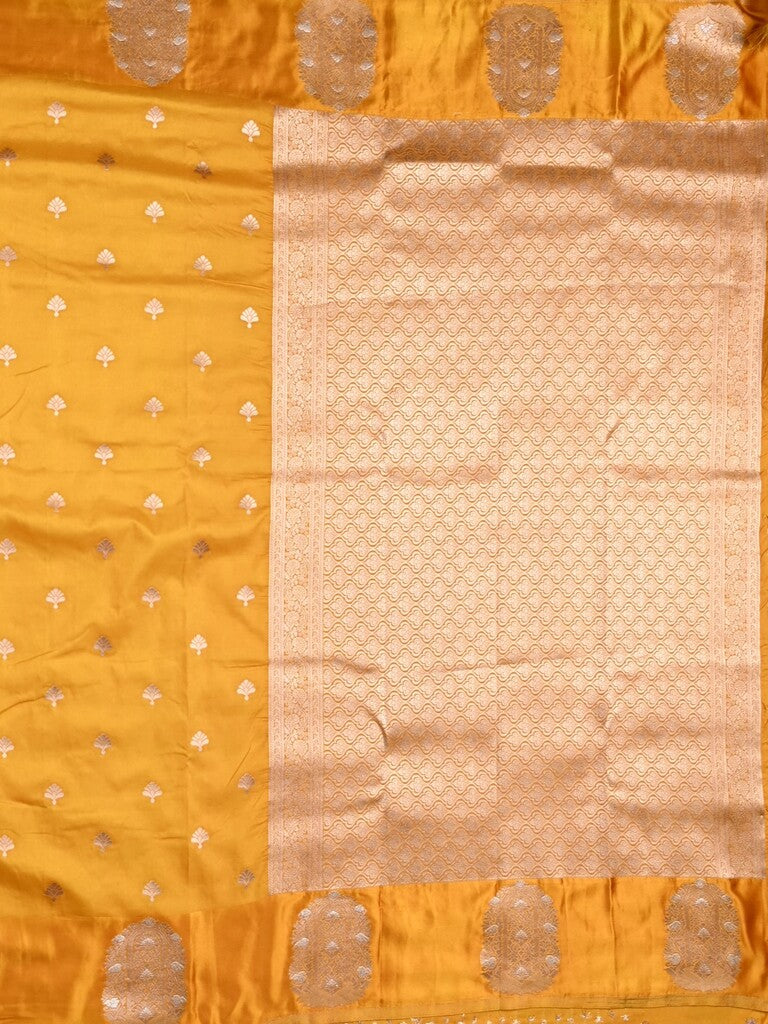 Banaras fancy saree golden yellow color allover zari motifs & zari border with rich pallu and self blouse