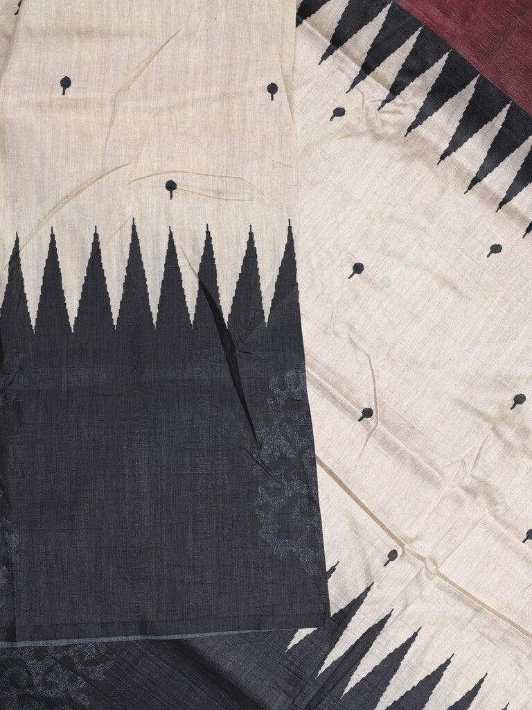 Jute tussar fancy saree in black and white color allover prints with printed pallu and attached blouse