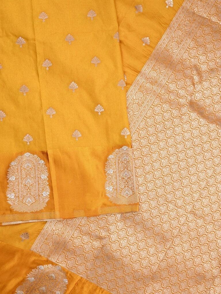 Banaras fancy saree golden yellow color allover zari motifs & zari border with rich pallu and self blouse