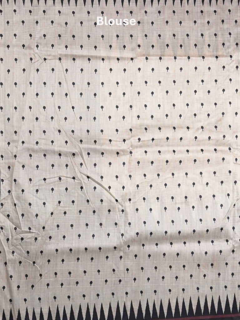 Jute tussar fancy saree in black and white color allover prints with printed pallu and attached blouse