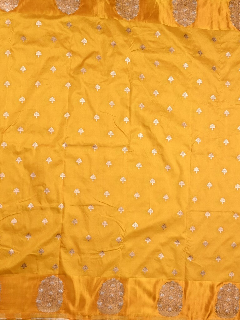 Banaras fancy saree golden yellow color allover zari motifs & zari border with rich pallu and self blouse