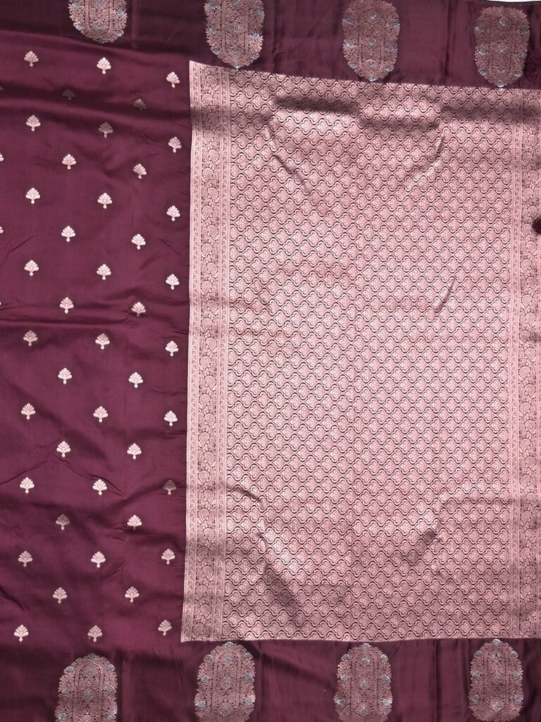 Banaras fancy saree dark maroon color allover zari motifs & zari border with rich pallu and self blouse