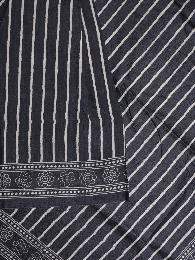 Jute tussar fancy saree in black color allover prints with printed pallu and attached blouse