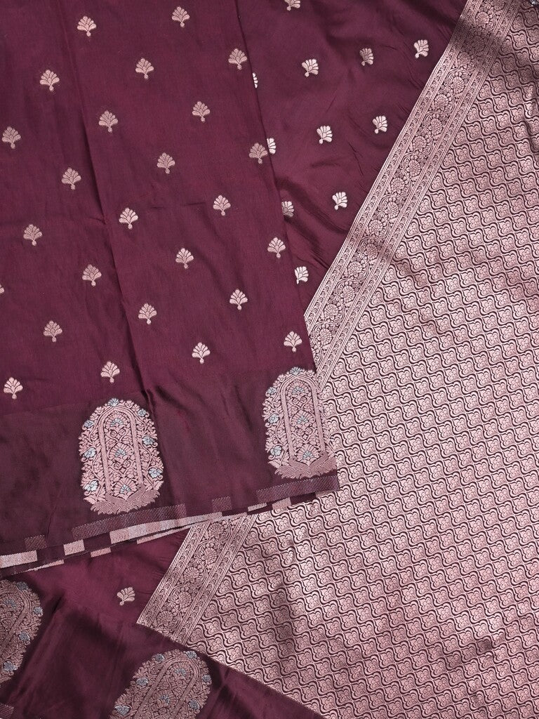 Banaras fancy saree dark maroon color allover zari motifs & zari border with rich pallu and self blouse