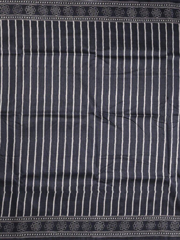 Jute tussar fancy saree in black color allover prints with printed pallu and attached blouse