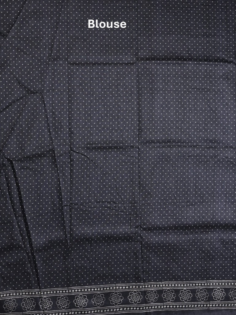 Jute tussar fancy saree in black color allover prints with printed pallu and attached blouse