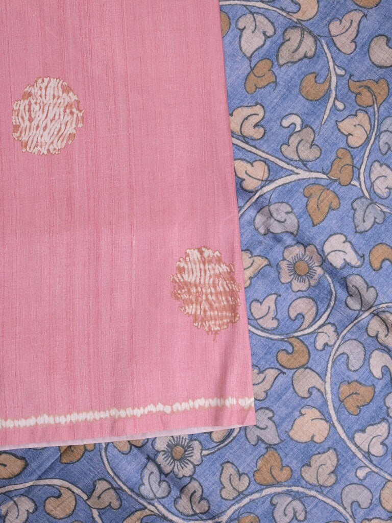 Jute tussar fancy saree in baby pink color allover prints with printed pallu and attached blouse