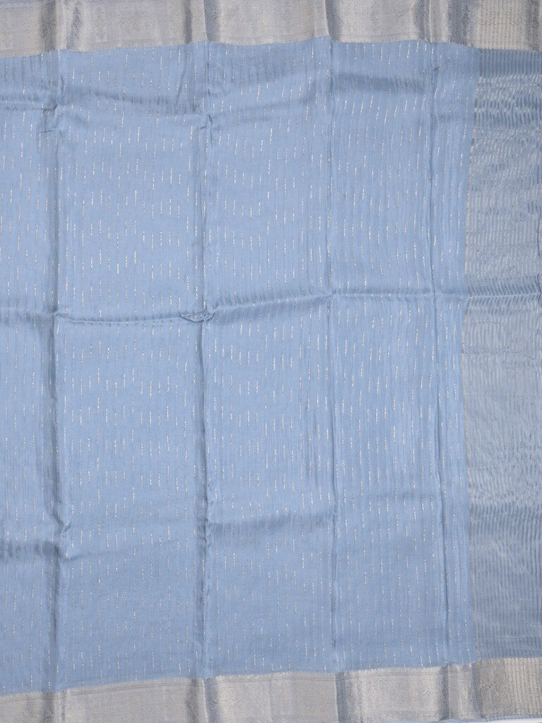 Organza fancy saree light blue color allover weaves & zari border with short pallu and plain contrast blouse