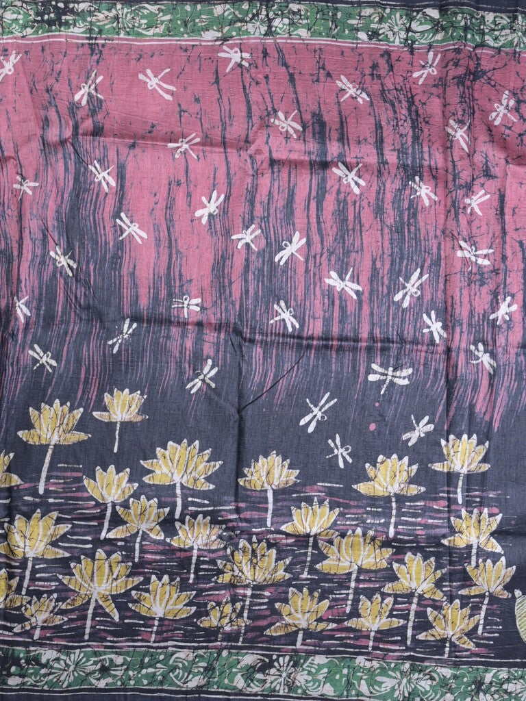 Jute tussar fancy saree in navy blue and pink color allover prints with printed pallu and attached blouse