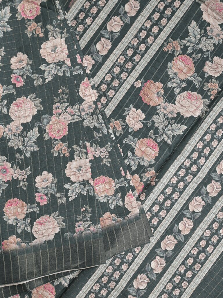 Tussar fancy saree for women | dark green | printed | attached blouse