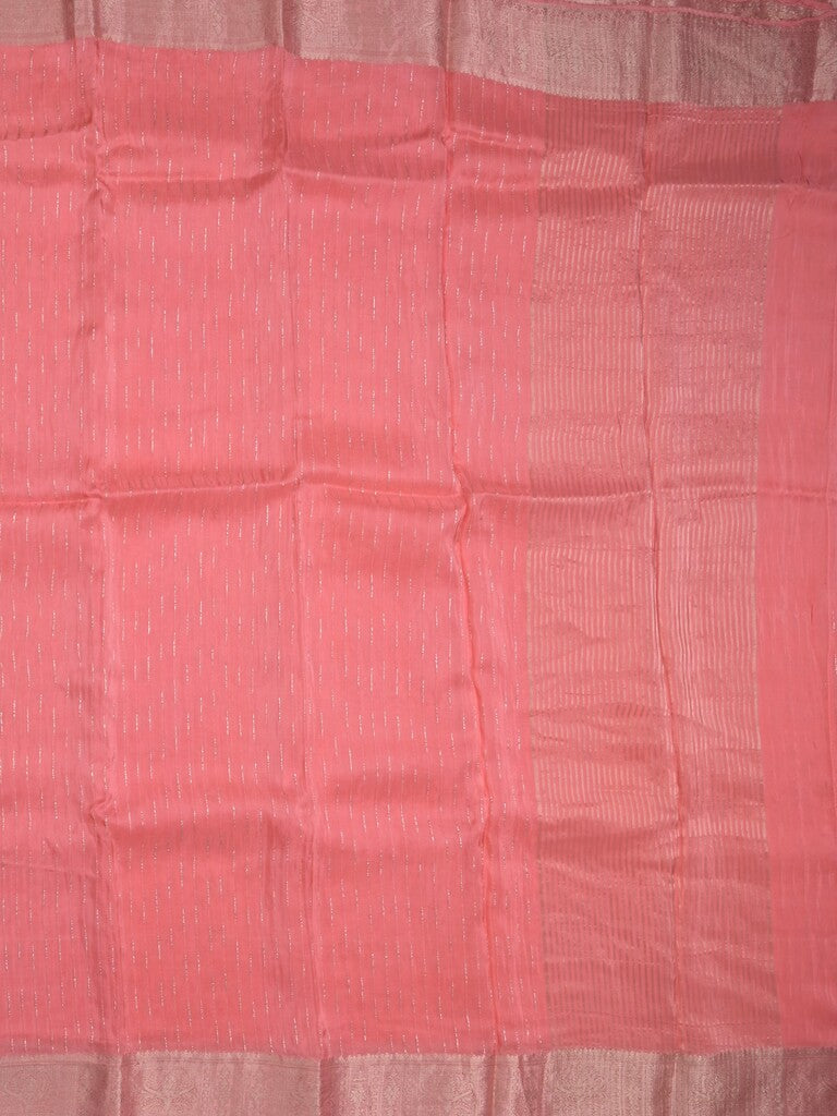 Organza fancy saree coral pink color allover weaves & zari border with short pallu and plain contrast blouse