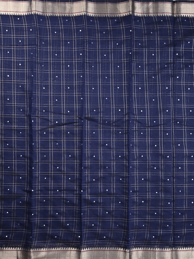 Chanderi fancy saree navy blue color allover checks, zari motifs & zari border with zari pallu and self blouse