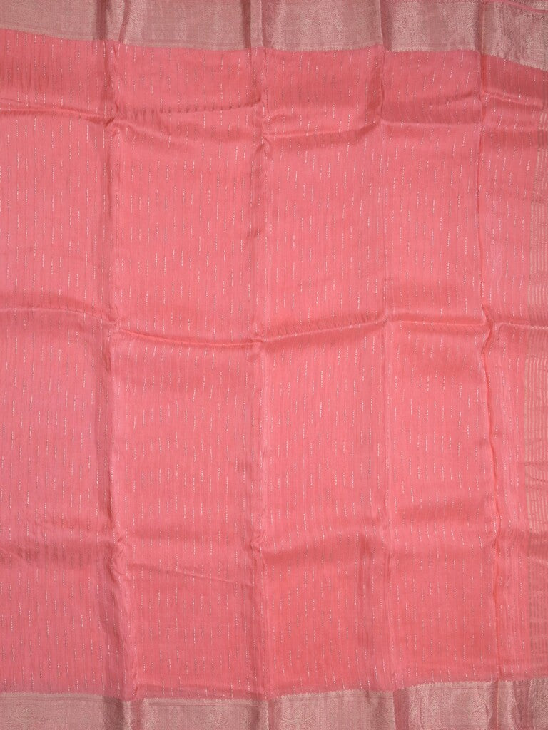 Organza fancy saree coral pink color allover weaves & zari border with short pallu and plain contrast blouse