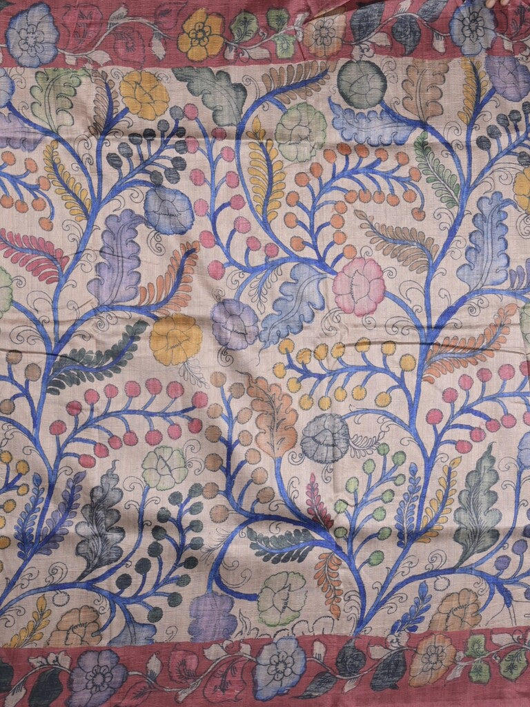 Jute tussar fancy saree in cream color allover prints with printed pallu and attached blouse