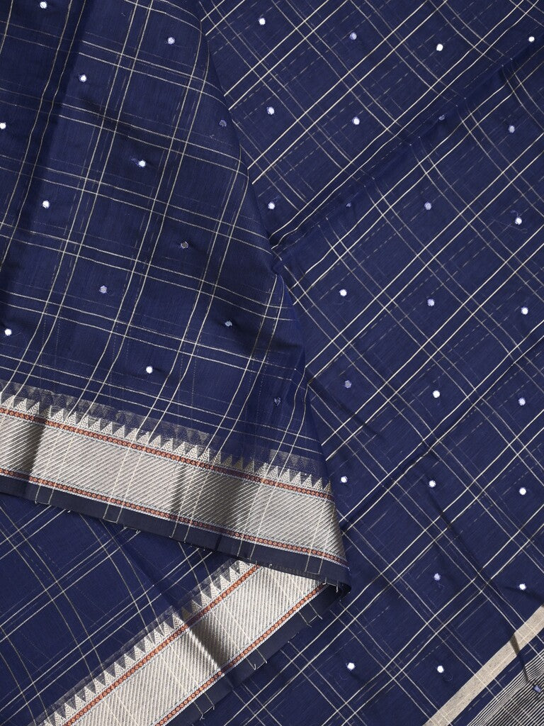 Chanderi fancy saree navy blue color allover checks, zari motifs & zari border with zari pallu and self blouse