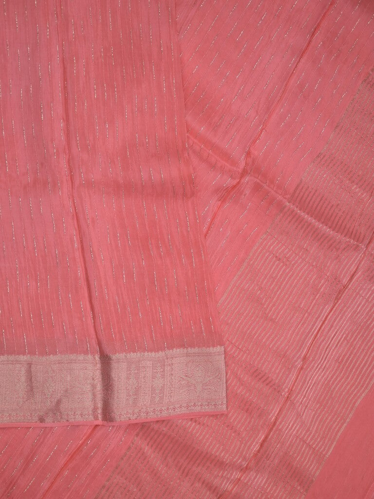 Organza fancy saree coral pink color allover weaves & zari border with short pallu and plain contrast blouse