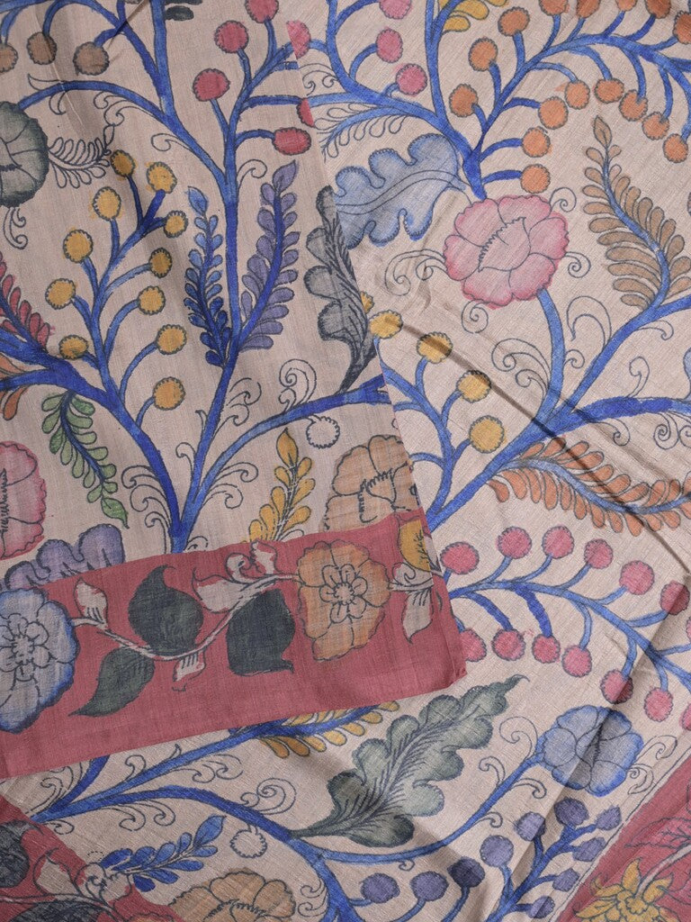 Jute tussar fancy saree in cream color allover prints with printed pallu and attached blouse