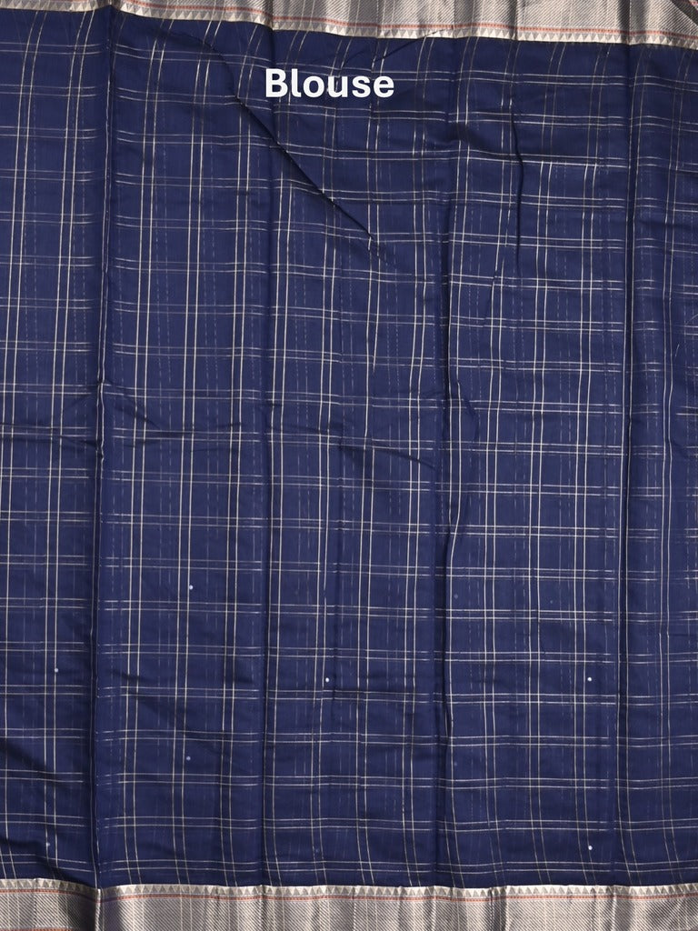 Chanderi fancy saree navy blue color allover checks, zari motifs & zari border with zari pallu and self blouse