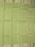 Organza fancy saree parrot green color allover weaves & zari border with short pallu and plain contrast blouse