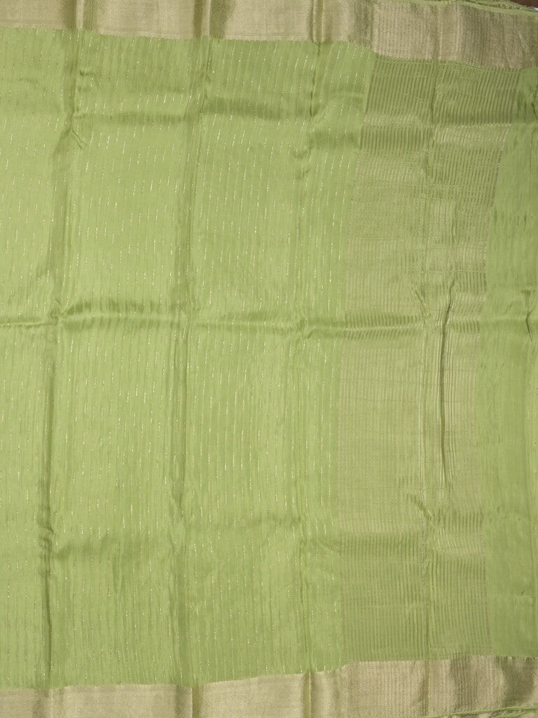Organza fancy saree parrot green color allover weaves & zari border with short pallu and plain contrast blouse