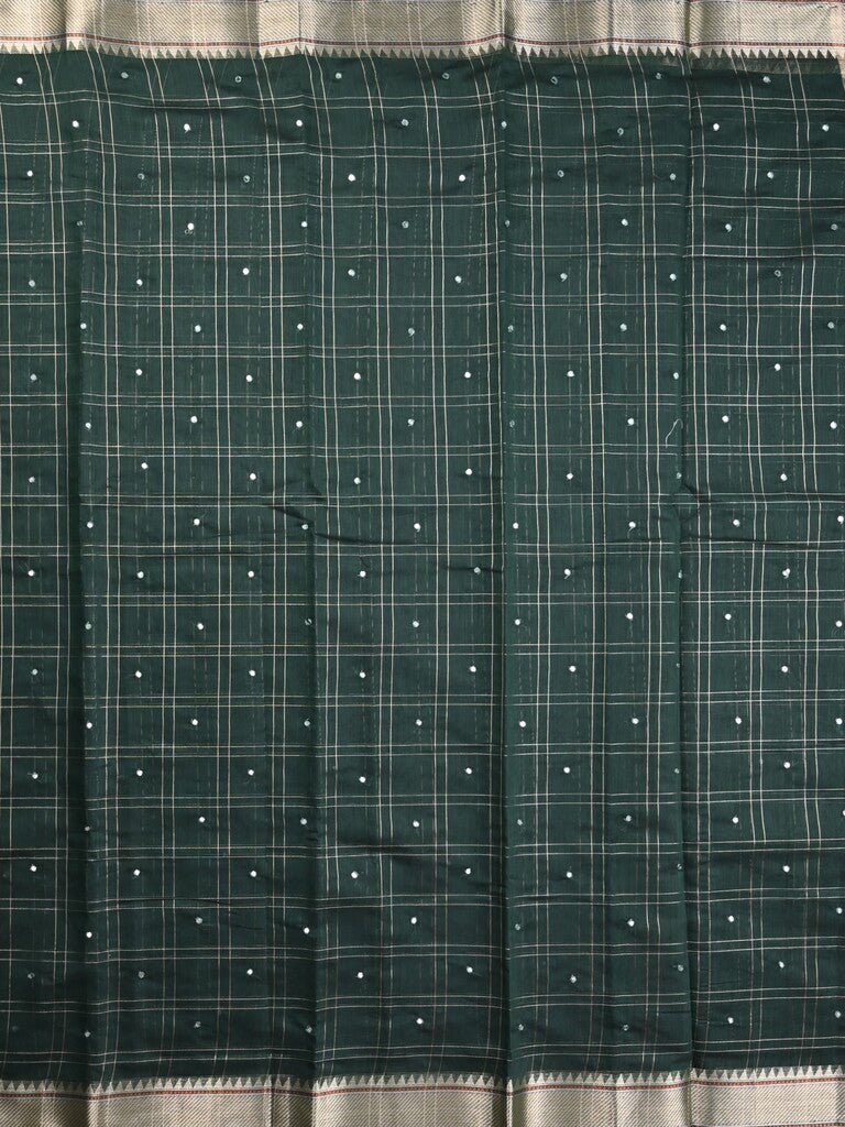 Chanderi fancy saree dark green color allover checks, zari motifs & zari border with zari pallu and self blouse