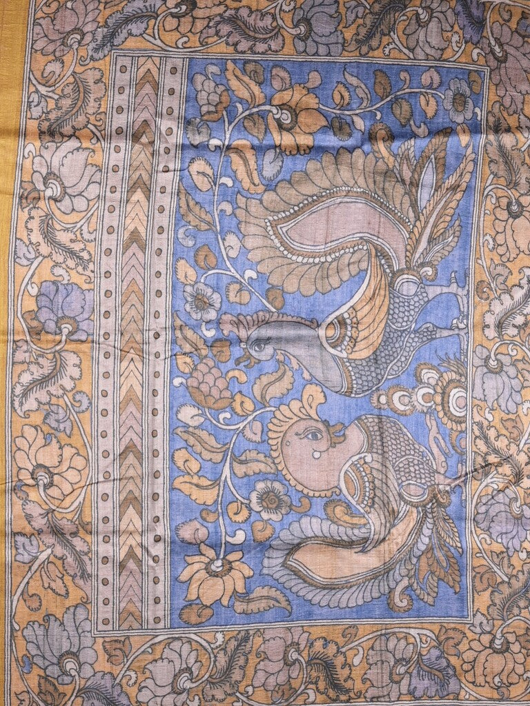 Jute tussar fancy saree in golden yellow color allover prints with printed pallu and attached blouse