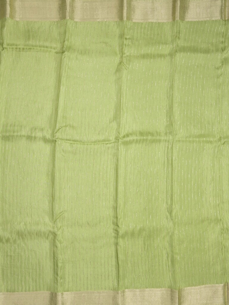 Organza fancy saree parrot green color allover weaves & zari border with short pallu and plain contrast blouse