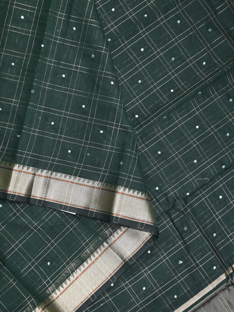 Chanderi fancy saree dark green color allover checks, zari motifs & zari border with zari pallu and self blouse
