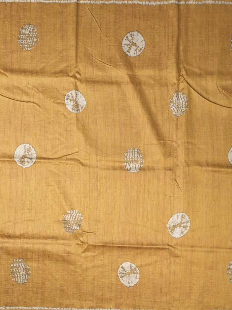 Jute tussar fancy saree in golden yellow color allover prints with printed pallu and attached blouse