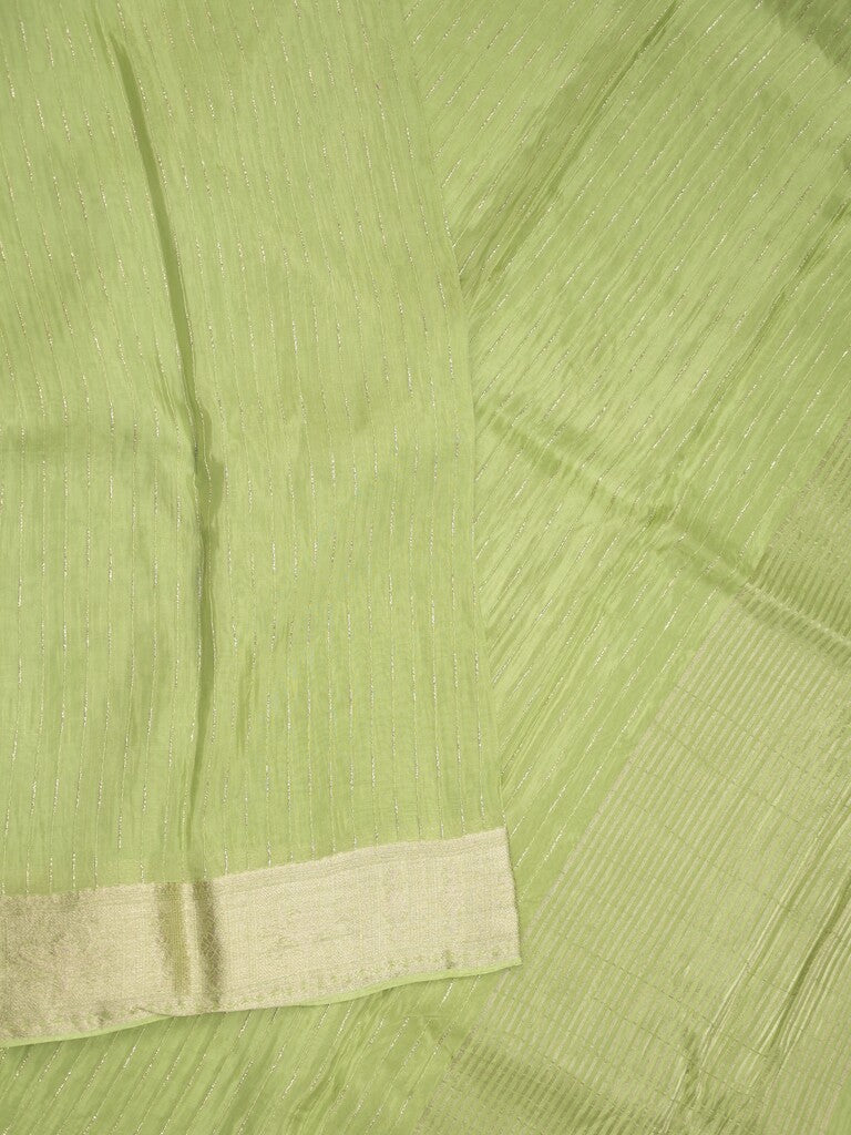 Organza fancy saree parrot green color allover weaves & zari border with short pallu and plain contrast blouse