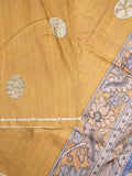 Jute tussar fancy saree in golden yellow color allover prints with printed pallu and attached blouse