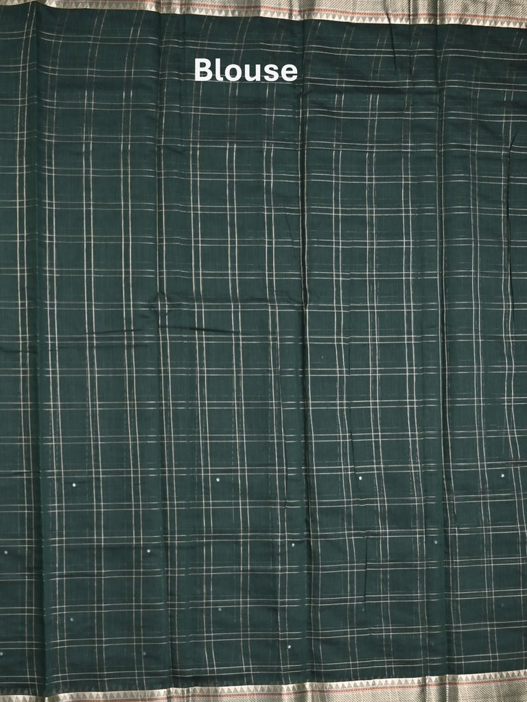 Chanderi fancy saree dark green color allover checks, zari motifs & zari border with zari pallu and self blouse