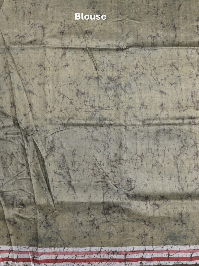 Jute tussar fancy saree in black and olive green color allover prints with printed pallu and attached blouse