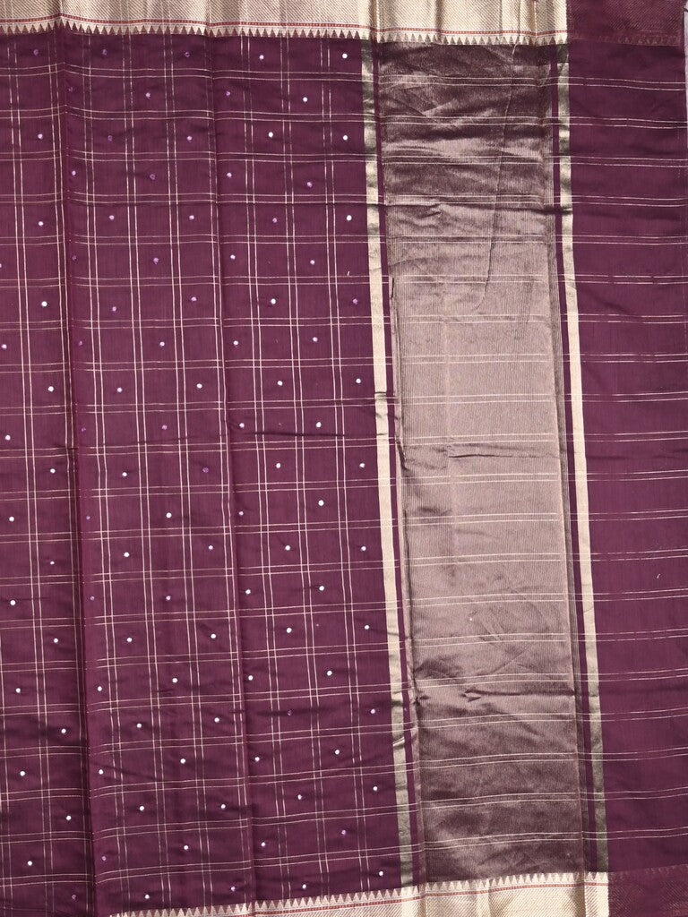 Chanderi fancy saree dark wine color allover checks, zari motifs & zari border with zari pallu and self blouse